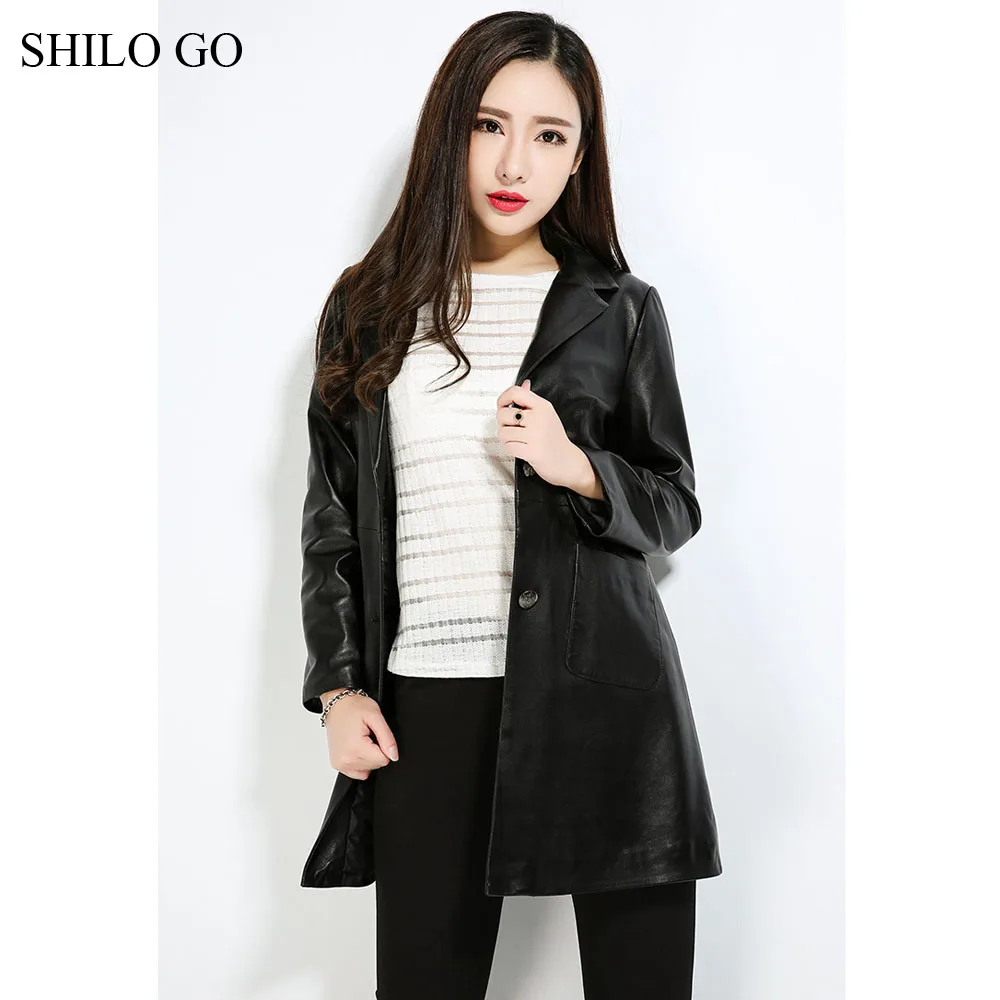 SHILO GO кожаный Тренч Женская Осенняя мода Овчина натуральная кожа пальто лаконичный лацкан и пояс офисное OL Черное длинное пальто