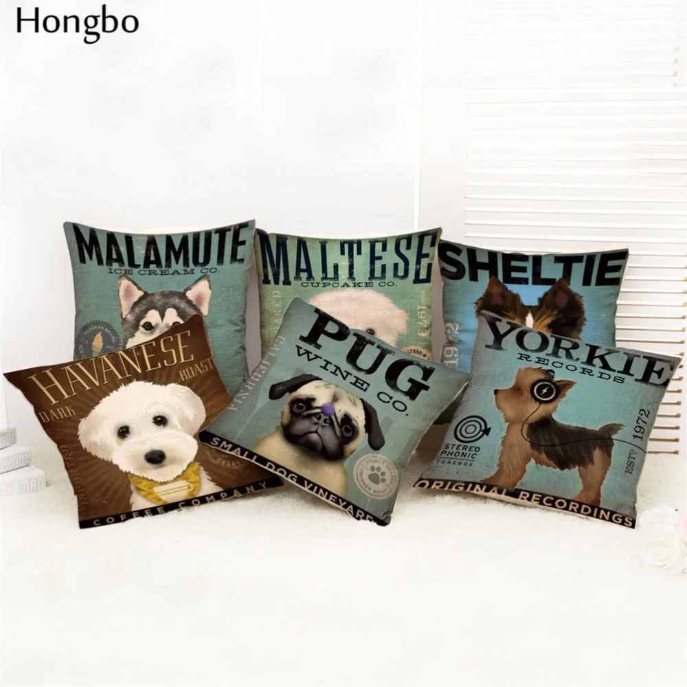

Modern Simple 45cm Cute Colorful Pet Pug Malamute Maltese Sheltie Terrier Dog Cotton Linen Square Throw Pillow Case Soft Cover
