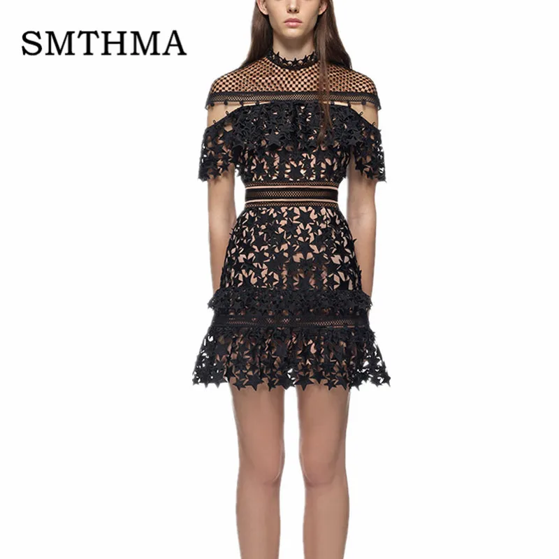 picture color Оригинальное платье со спущенным плечом SMTHMA, подиумное платье из черного кружева со спущенным плечом, сетчатой вставкой и воланом на груди, на спине застежка-молния - Цвет: picture color