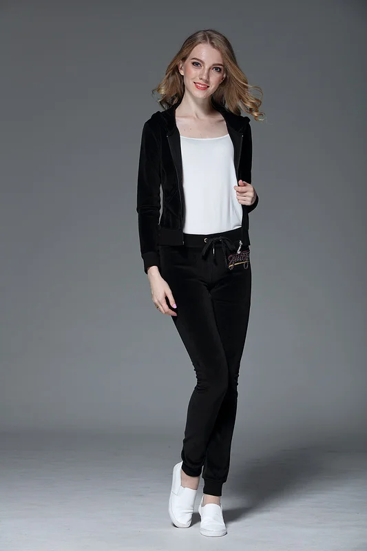 Женские спортивные костюмы Juicy Lovers черные темно-синие облегающие бархатные с