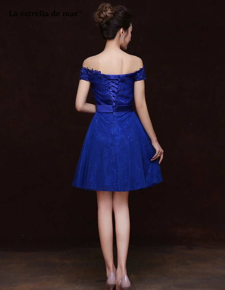 Ла звезда mar robe demoiselle d'honneur2019 кружевной вырез лодочкой короткий рукав трапециевидной формы королевский синий короткое платье подружки невесты Дешевые