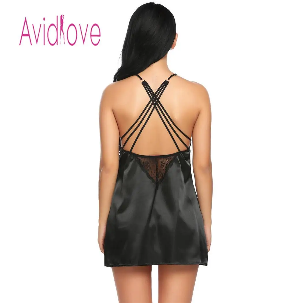 Avidlove Ночное Платье Женское ночное белье Ночная рубашка Сексуальная шелковая сорочка женская кружевная пижама в стиле пэчворк с стринги