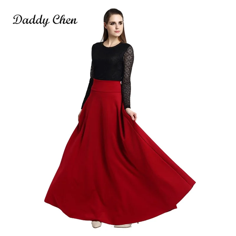 

NEW Fashion Elegant winter skirts women 2017 high waist black red long Pleated female korean maxi skirt for women large size 5xl