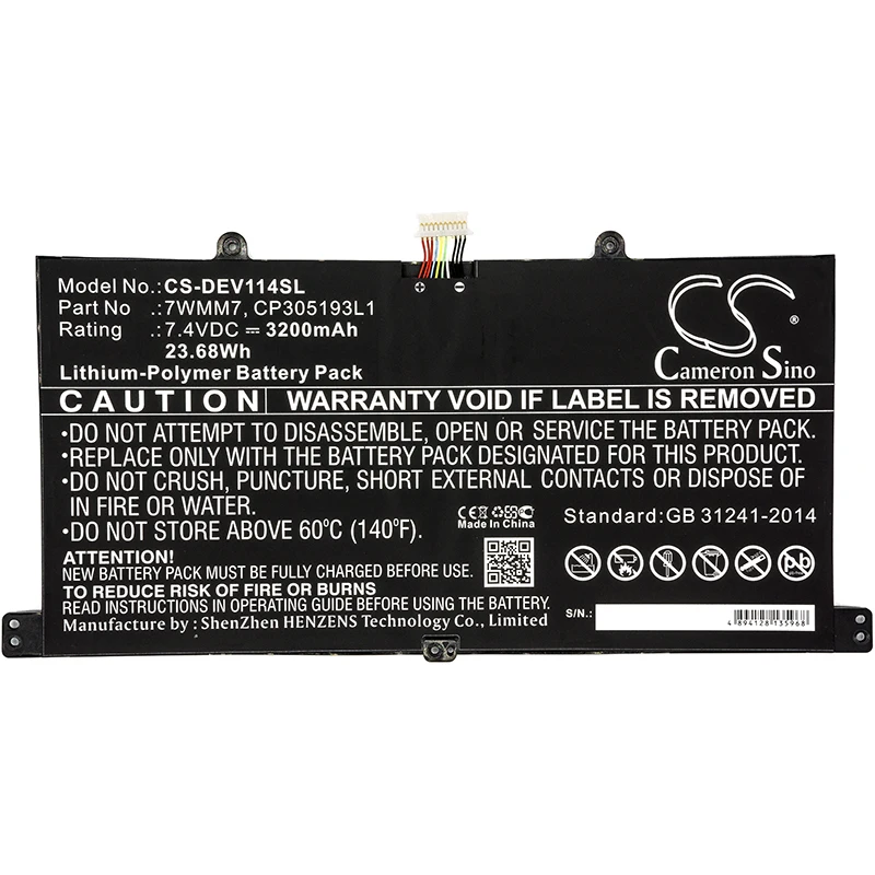Обновленная батарея Cameron Sino для DELL 7WMM7 CP305193L1 DL011301 PLP22G0 планшета литий полимерная