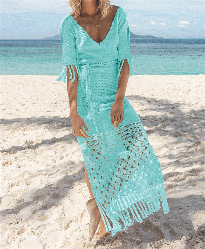 Вязаное пляжное платье туника с кисточками длинное парео Пляжная накидка