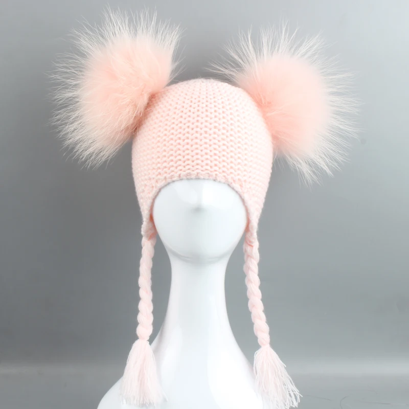 

Baby Real Fur Pompom Hat Kids Winter Crochet Earflap Hat Girls Boys Knitted Beanie Hat With Ears Two Pom pom Hat For Children