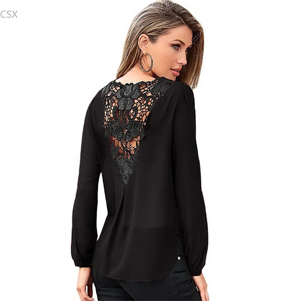 Женская шифоновая блузка с V образным вырезом и цветочным кружевом|shirt elegant|shirt