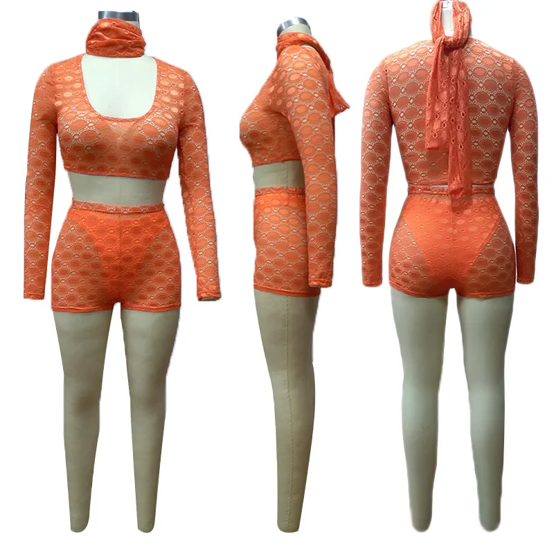 

Fashion Summer New Arrival See Through Deep V Full Sleeve High Waist Crop Top With Shorts Two Piece Set Tracksuit