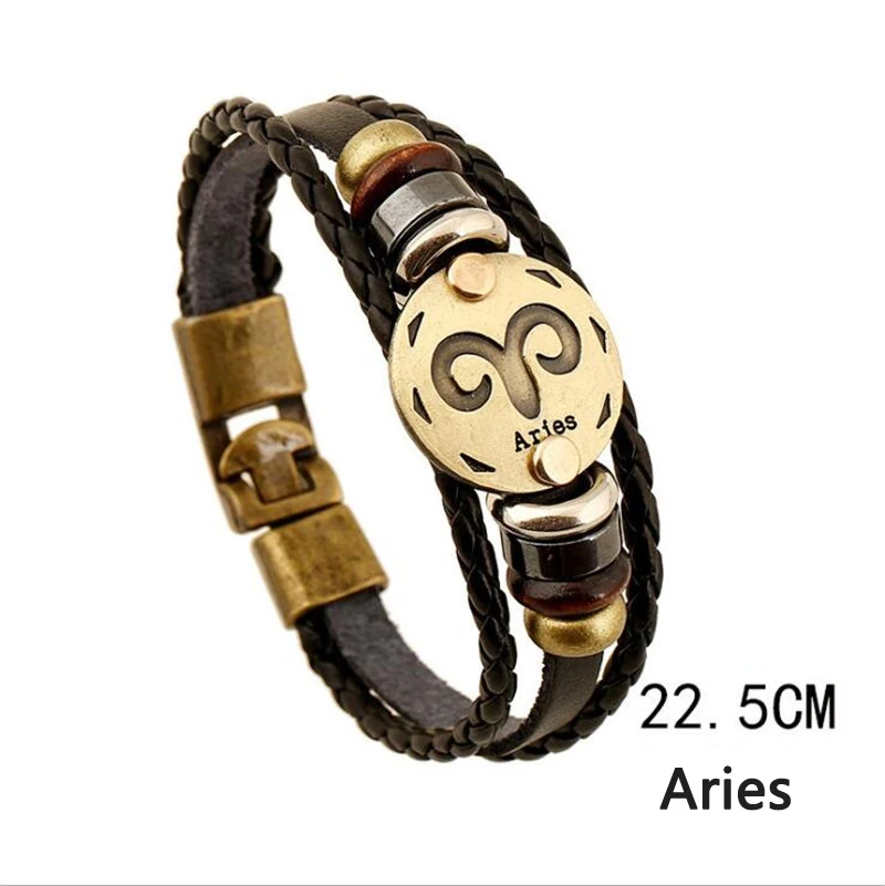 Aries 12 браслеты с изображениями созвездий модные ювелирные изделия кожаный браслет мужские повседневные персональные Знаки зодиака панк браслет - Окраска металла: Aries