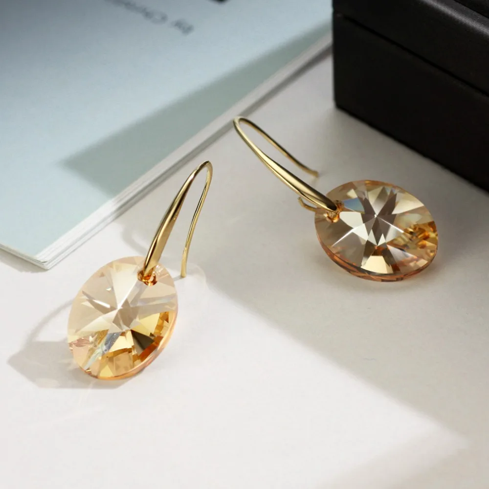 Женские серьги подвески Neoglory с австрийскими кристаллами светло желтого золота в