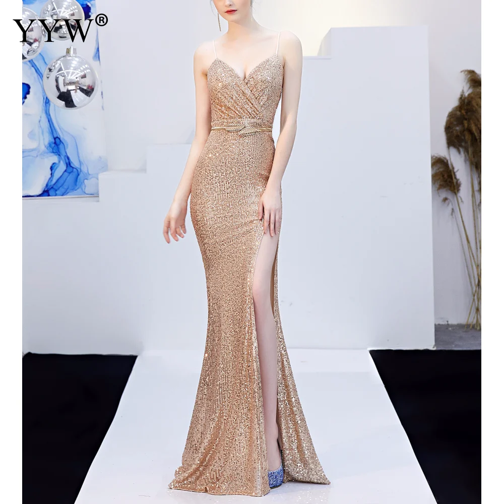 Сексуальное вечернее платье, расшитое блестками, Robe De Soiree, с v-образным вырезом, без рукавов, с открытой спиной, длинное платье, с разрезом по бокам, с открытыми плечами, вечерние платья