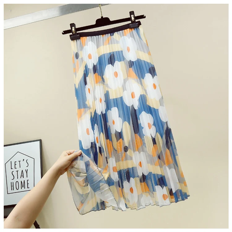 Summer Sweet Flower Print Midi Skirt Women High Waist Pleated Skirt Sunflower Holiday Chiffon Mid-Calf A-Line Skirts
