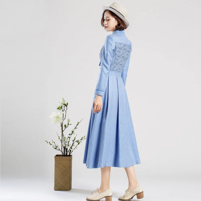 Модное Брендовое джинсовое платье с вышивкой в стиле ретро женское однобортное