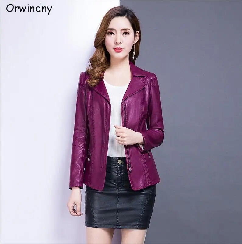 Фиолетовый Orwindny женская кожаная куртка размера плюс 5XL кожаное пальто женское с отложным воротником Повседневная женская одежда кожаная замшевая верхняя одежда - Цвет: Фиолетовый