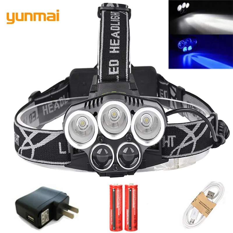 

Blue/White light USB 5 led headlamp headlight NEW T6+Q5 head lamp 15000 lumens powerful led flashlight bike head torch lamp