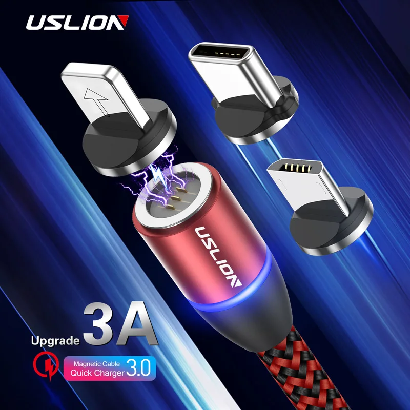 USLION 3а Магнитный кабель Micro usb type C кабель зарядное устройство для iPhone XS X 8 7 для samsung huawei type-c Магнитный кабель для быстрой зарядки