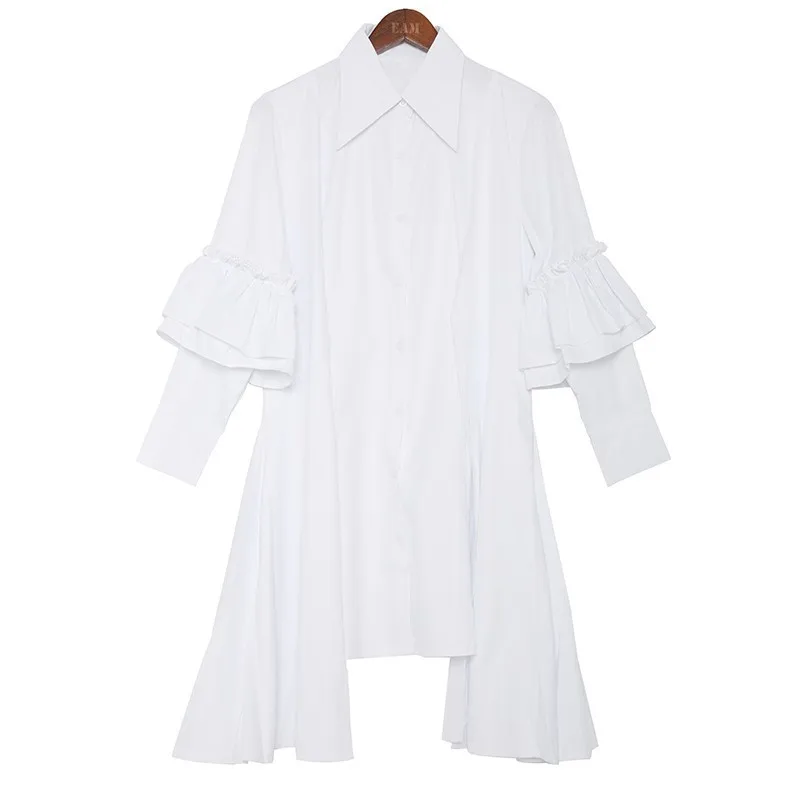 Женское платье рубашка LANMREM белое комбинированное с отложным воротником и