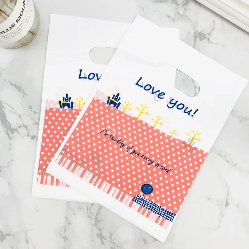 15x20 см с принтом Love you, розовый пластиковый подарочный пакет в горошек с ручками, 100 шт, милый белый пластиковый подарок покупателю