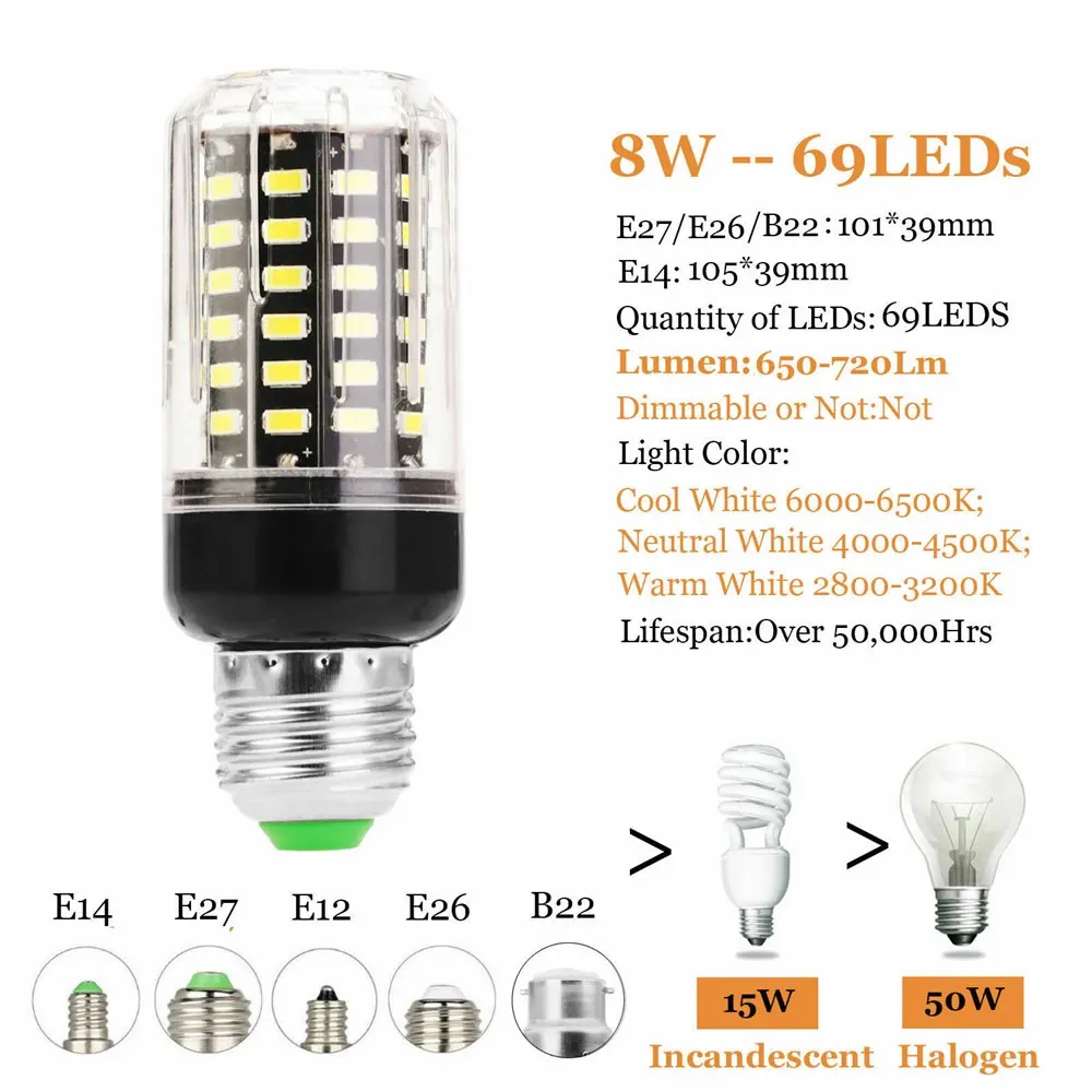 8W 69LED Светодиодный лампочки «Кукуруза» 22-162 светодиодный s E27 E14 B22 штык 5730 SMD 9 Вт 12 Вт 13 Вт 15 Вт домашняя декорационная Лампа AC 110 V 220 V AC 85-265 V - Испускаемый цвет: 8W 69LED