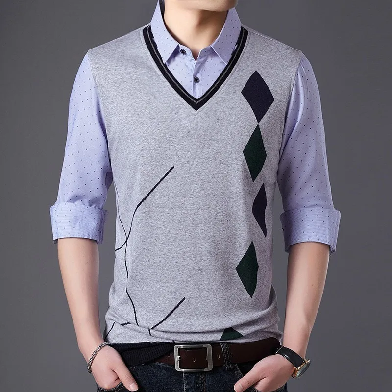 Мужской Хлопковый свитер с v образным вырезом шерстяной пуловер для мужчин