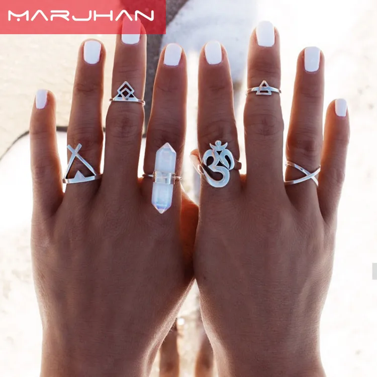 Кольцо Для панка женское винтажное посеребренное с натуральным камнем 6 шт./набор