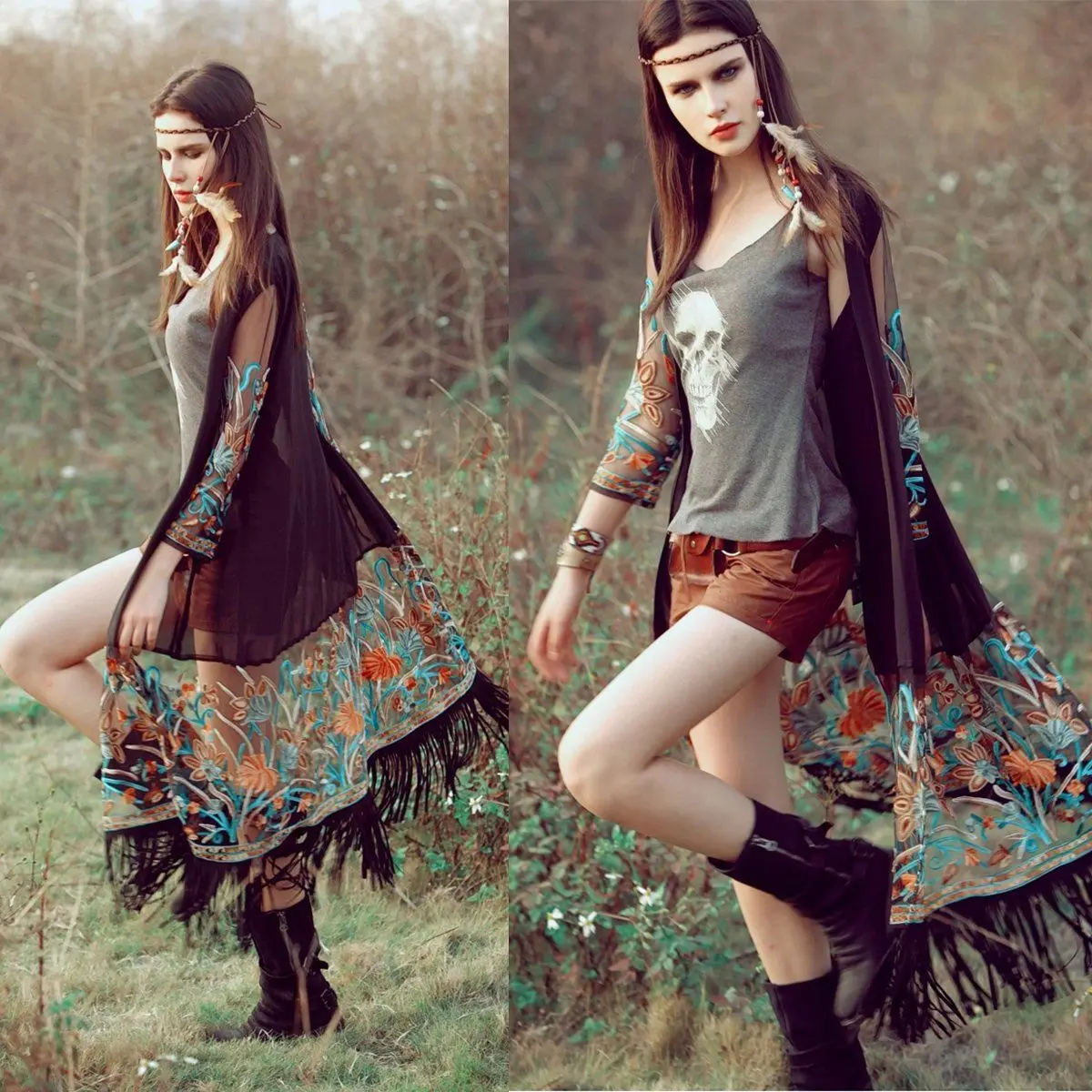 Вышитый цветочный ретро длинный кардиган кимоно в этническом стиле шифоновая