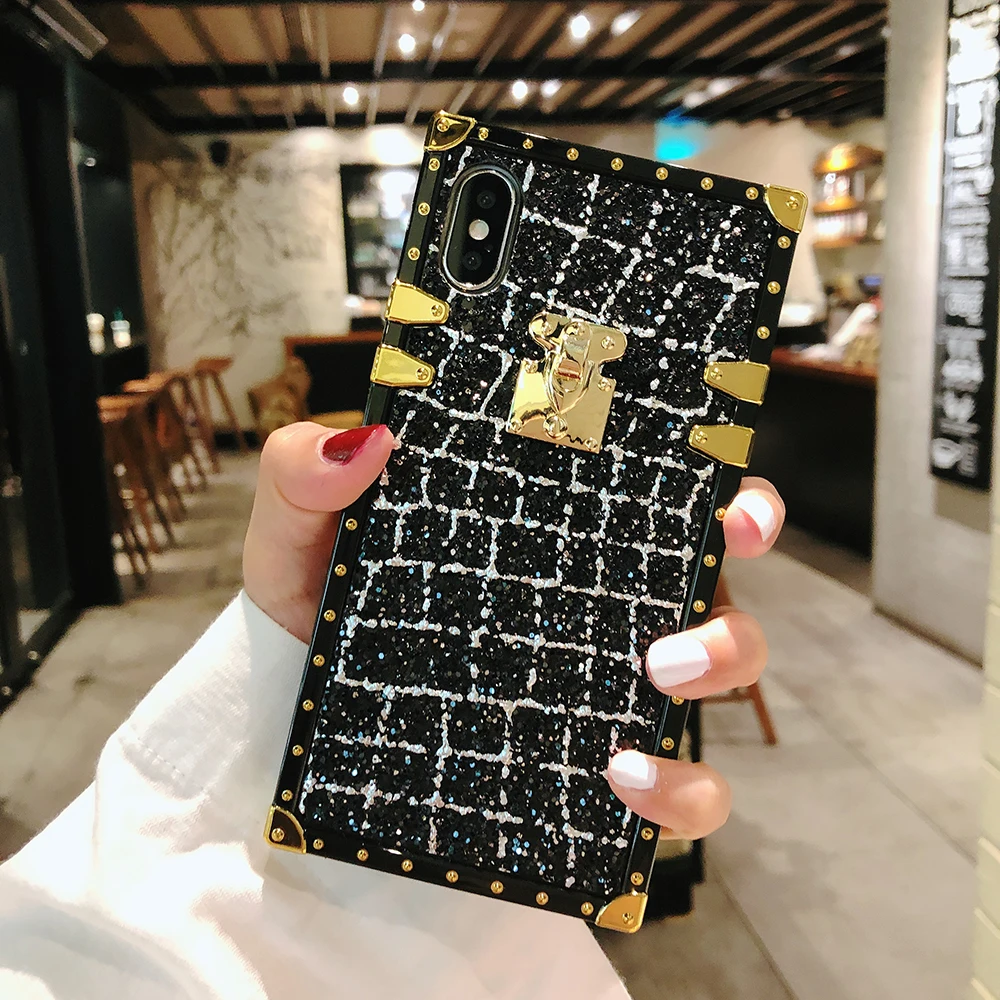 Блестящие металлические квадратные чехлы для iPhone 8 7 6 6s Plus X XR XS Max клетчатая блестящая пудра для Samsung Galaxy S8 S9 Plus Note 8 9 чехол - Цвет: Черный