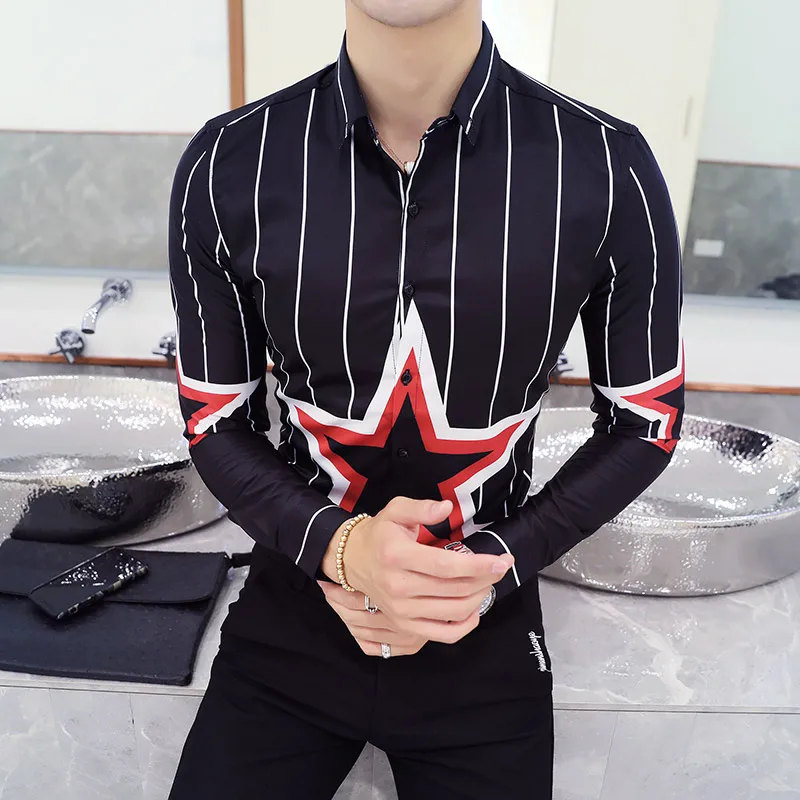 Рубашка мужская приталенная с принтом пентаграммы повседневная сорочка длинным