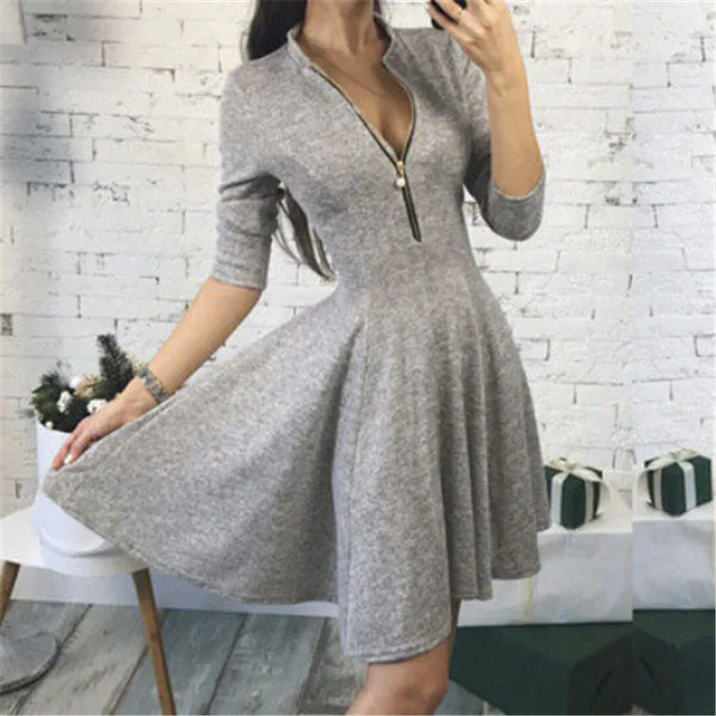 Женские теплые платья с v-образным вырезом серое/синее/красное платье молнией