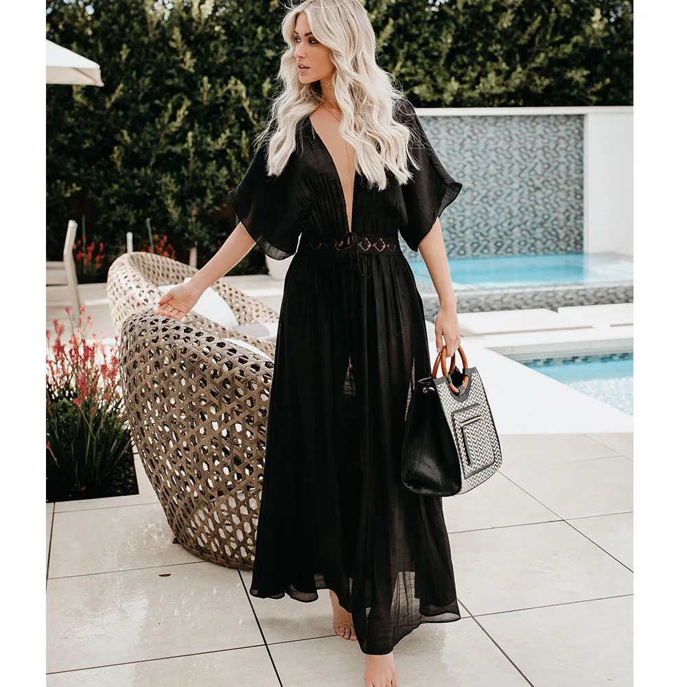 Свободные богемные макси платья с v-образным вырезом для женщин коротким рукавом