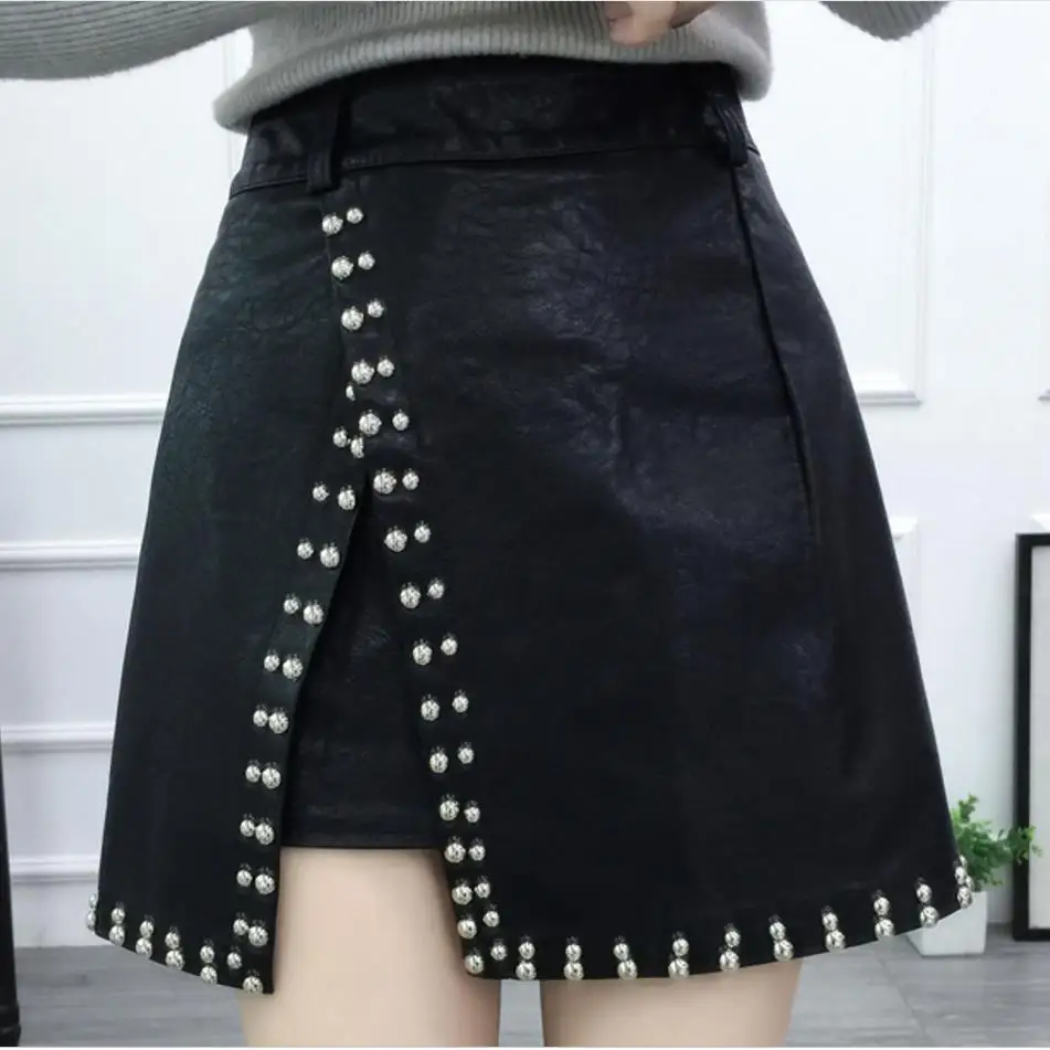 black Черные короткие юбки с заклепками, женские юбки из искусственной кожи с бисером, мини-юбка трапециевидной формы - Цвет: black