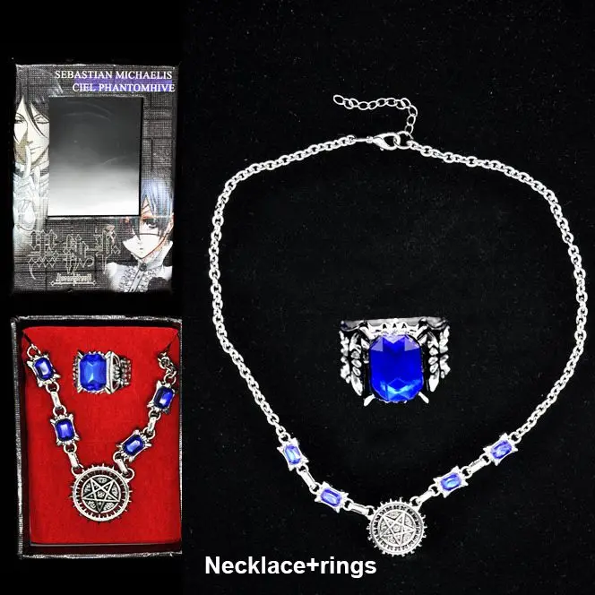 necklace and ring3 Черный Дворецкий аксессуары для косплея Ciel Phantomhive кольцо ожерелье из мультфильма Подвески Браслеты значок набор для подарка - Цвет: necklace and ring3