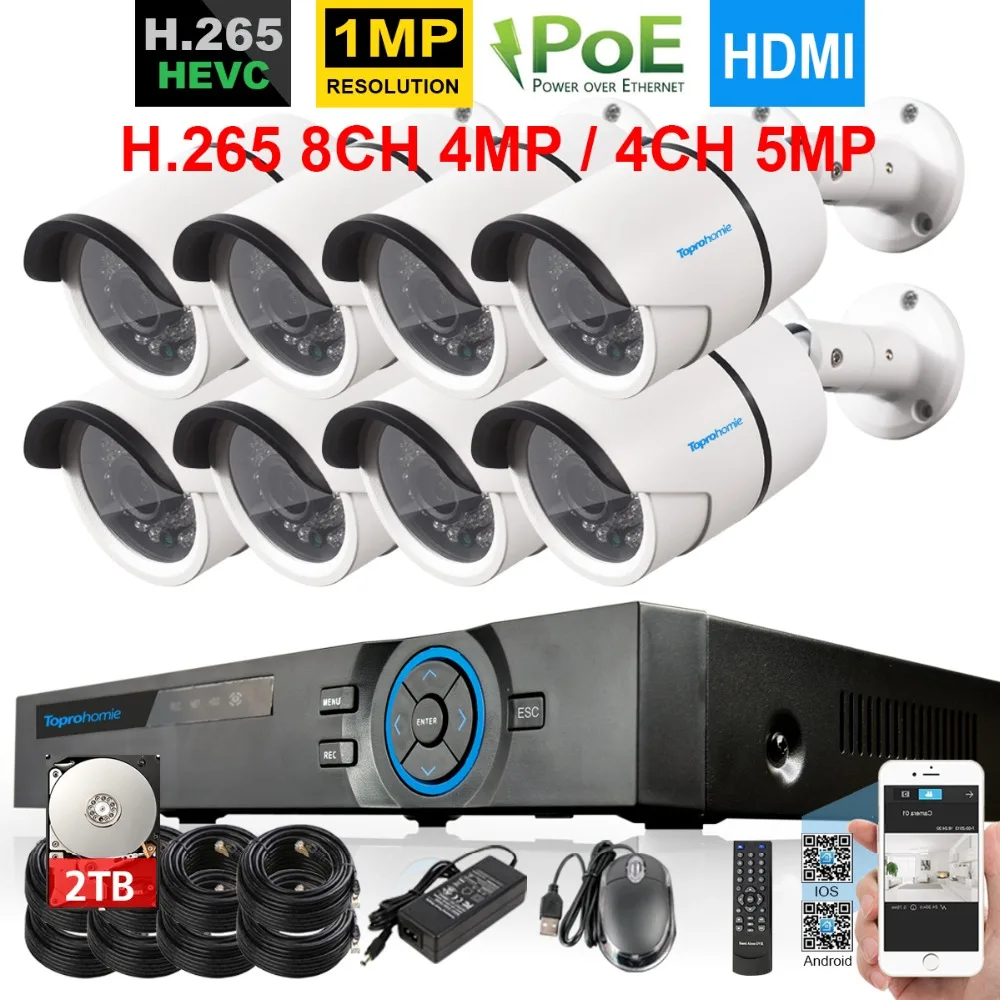 8CH 1280X720 P видеонаблюдения Системы H.265 POE 4MP NVR CCTV 8 шт. 48 В 1.0MP открытый