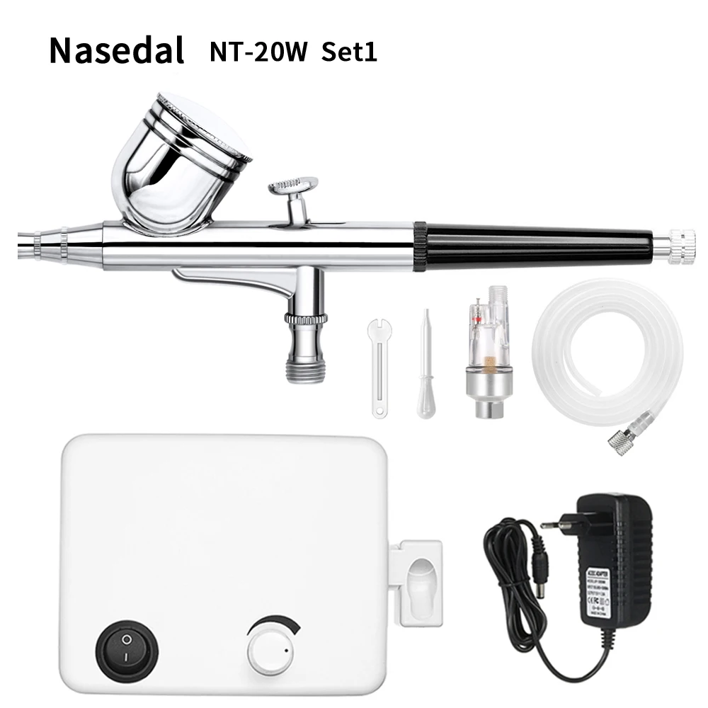 Nasedal NT-14, мини-Аэрограф Двойного действия, компрессор, набор, распылитель краски для ногтей, 0,3 мм, воздушная кисть, макияж, тело, тату, искусство, краска, инструмент - Цвет: NT-20W-1