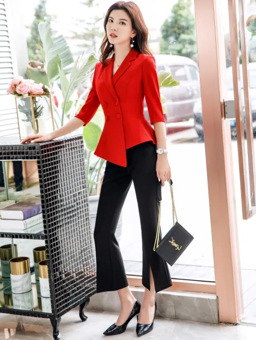 Red coat and pants Профессиональный Модный женский юбочный костюм деловой формальный блейзер с короткими рукавами и Офисная Женская юбка для интервью Рабочая одежда - Цвет: Red coat and pants