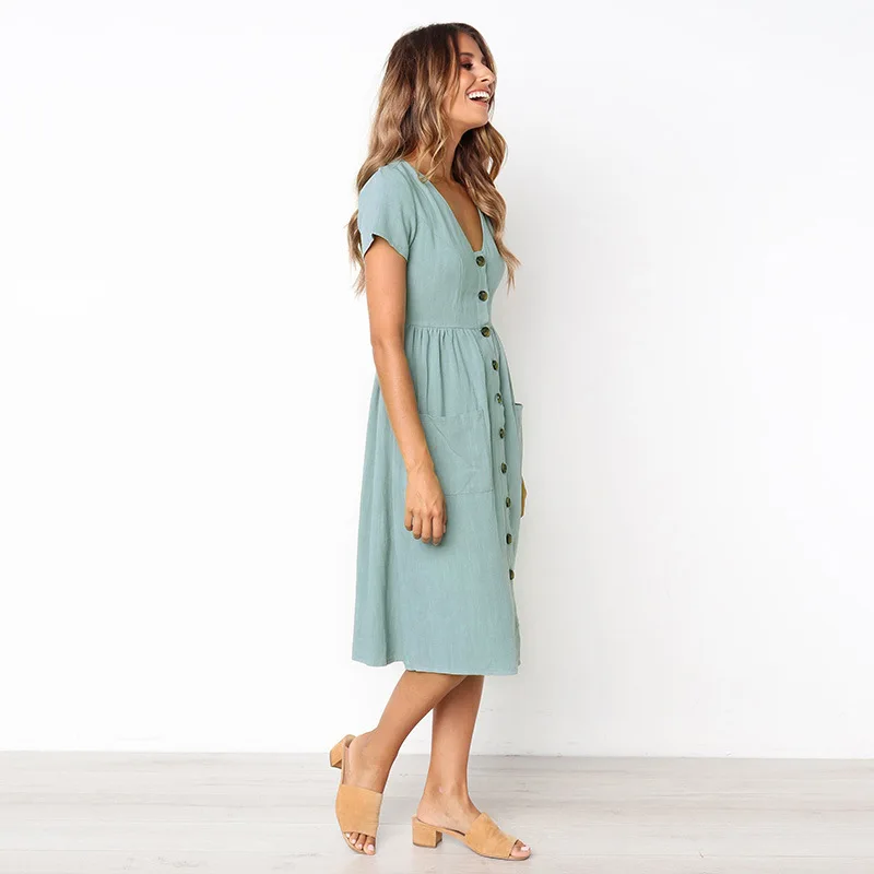 Summer Dress Casual V-Neck Short Sleeve Vintage Women Solid Colors Button Pockets A-Lin Sexy vestidos WHOLESALE | Женская одежда