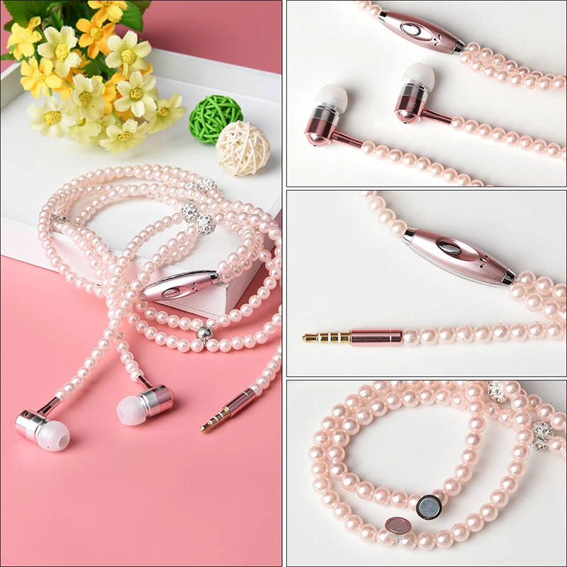 Sovawin Women Earphones Luxurious Headphone Bling Pearl Necklace Earbuds for Girls Girlfriend MP3 Mp4 Mobile Earphone | Электроника