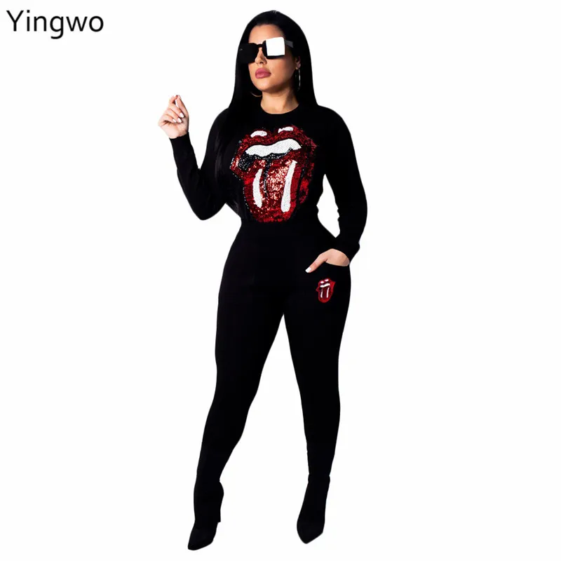 Sequined Red Lips Pattern Fashion Women Set Casual O Neck Long Sleeve Tops Elastic Waist Skinny Leggings Suit Two Pieces Online | Женские