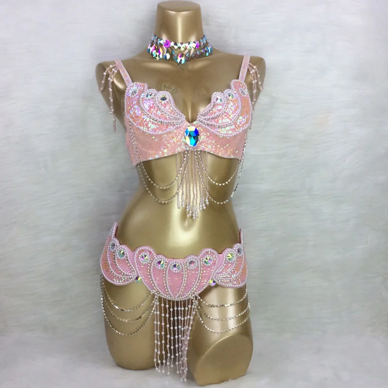 PINK Сделано для того чтобы измерить костюм для танца живота комплект нижнего белья бюстгальтер+ пояс+ украшение на шею, 3 шт./компл., любой размер, 34/36/38/40/42 B/C/D/DD - Цвет: PINK