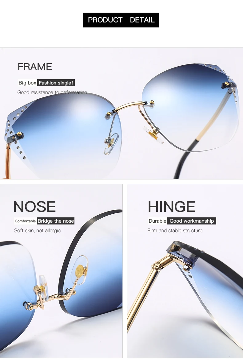TAOTAOQI Luxury Cat Eye Sunglasses Women Designer Brand Fashion Rimless Rhinestone Sun Glasses Female UV400 Vintage Eyewear