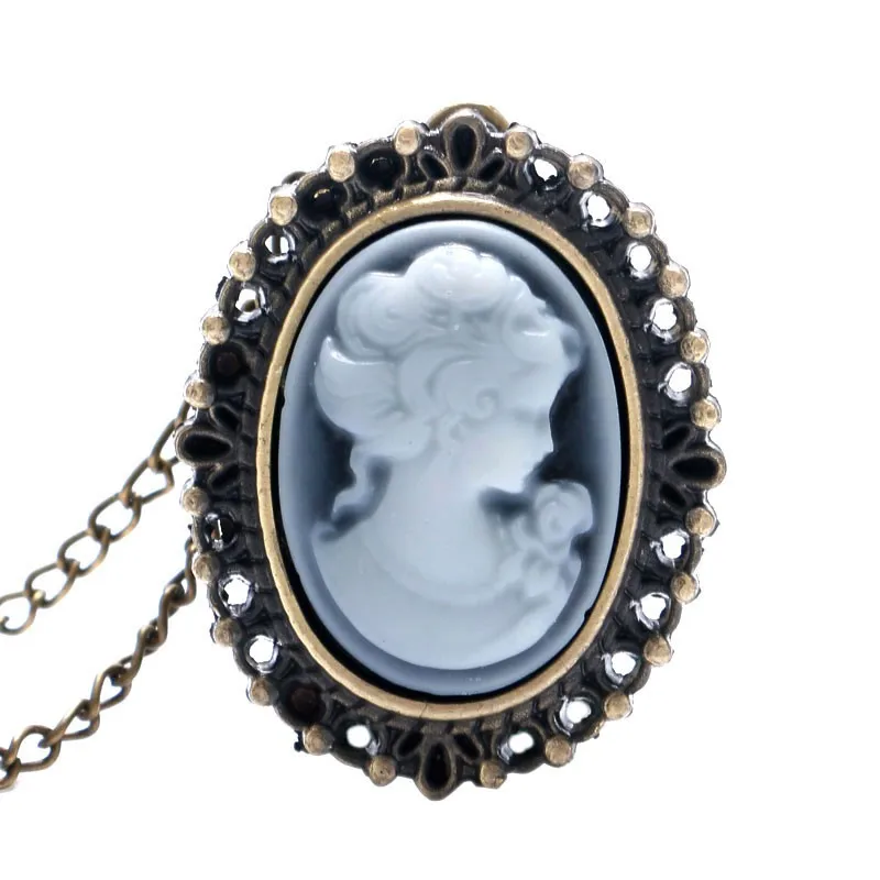 Retro Antique Style Bronze White Lady Beauty Quartz Pocket Watch with Necklace Girl Women Kid Pendant Clock Birthday Gift PW333 |