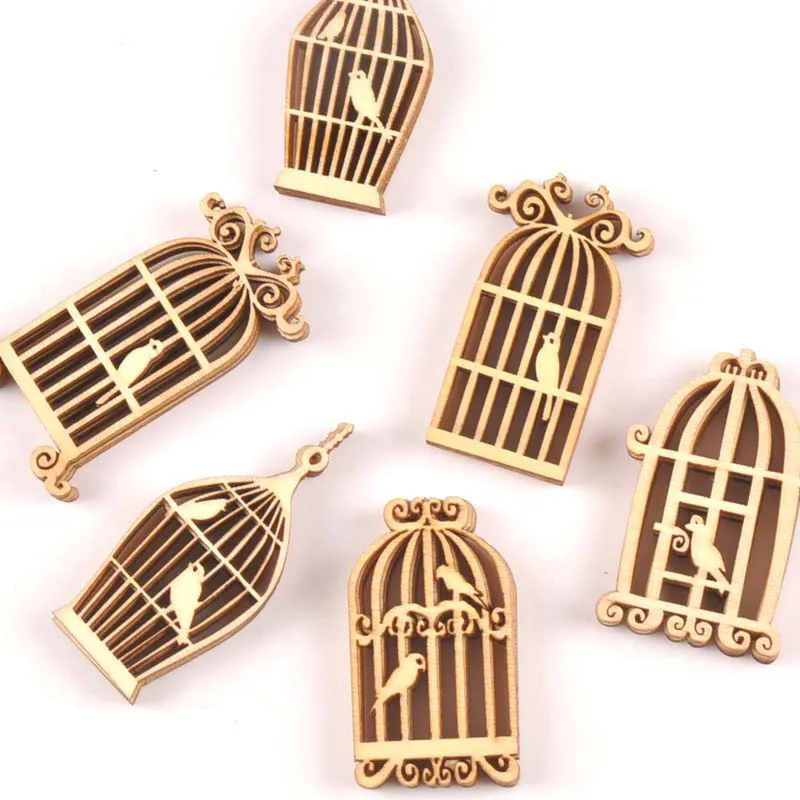 24pcs 35x52mm Birdcage Wooden Ornament Natural Wood Decoration DIY Carfts For Embellishments Home Decor Handmade Arts m1743 | Дом и сад