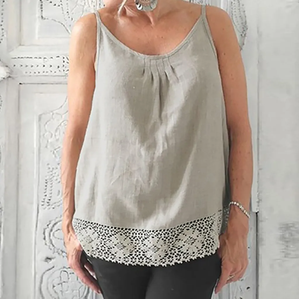Летняя модная повседневная майка из хлопка и льна с кружевными бретельками топ