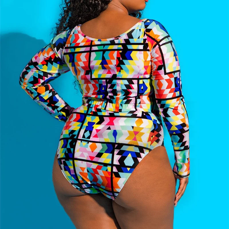 С длинным рукавом бикини Одна деталь купальник плюс Размеры лоскутное