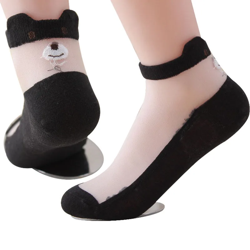 

6 Pairs/lot Womens Lace Socks Crystal Glass Silk Short Thin Transparent Sexy Ladies Socks Cute Girls Cartoon Bear Art Sock Meias