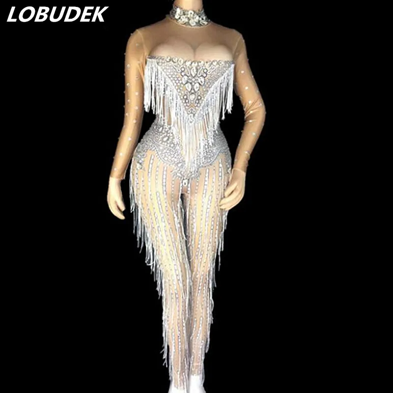 Sparkly Rhinestones Tassels Jumpsuit Long Sleeve Stretch Rompers Lady Singer Sexy Nightclub Costume Party Celebration Stage Wear