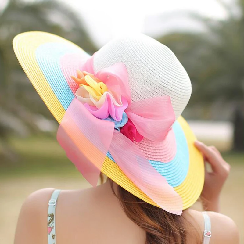 150 шт/партия широкие свисающие поля летняя шляпа Радуга цветная трубочка шляпы