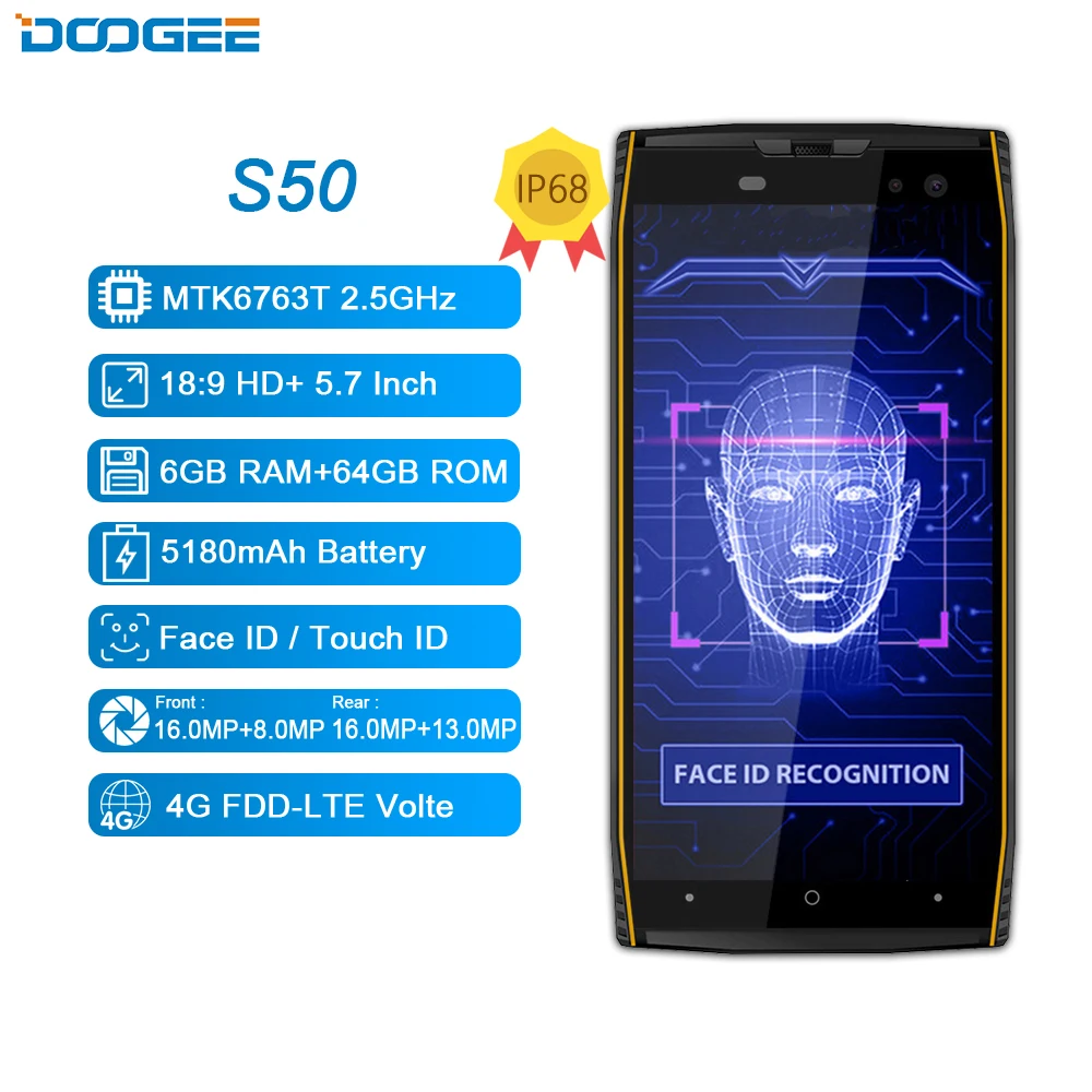 DOOGEE S50 IP68 Водонепроницаемый 5 7 дюйма MTK6763T 2 GHz Octa Core 6 GB 64 Quad камер 16.0MP смартфон 5180 mAh