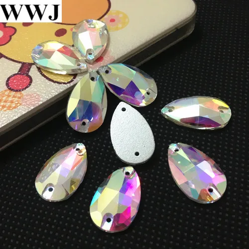 Стеклянные каплевидные пришивные камни всех размеров с 2 отверстиями прозрачные