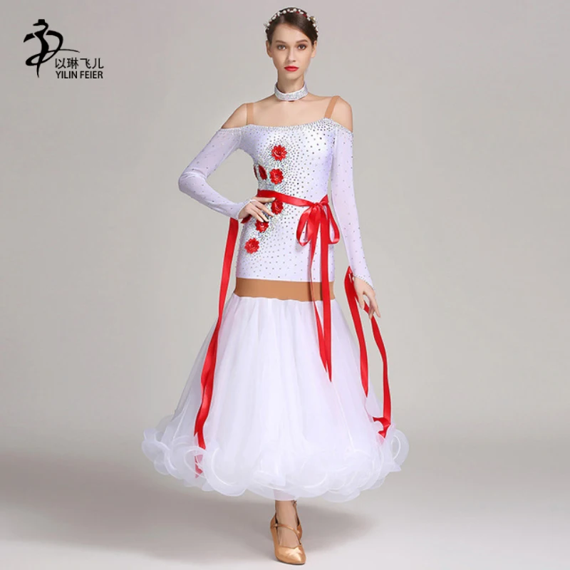 White Rhinestones Ballroom Dance Competition Dress Standard Modern Costume Waltz Luminous | Тематическая одежда и униформа